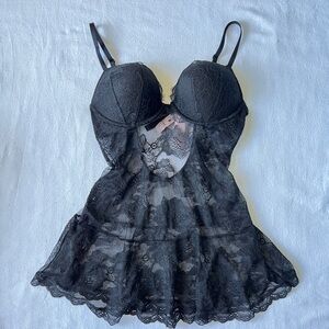NWT Victorias Secret Major Push Up Black Lace Babydoll Nighty Dress - Size M